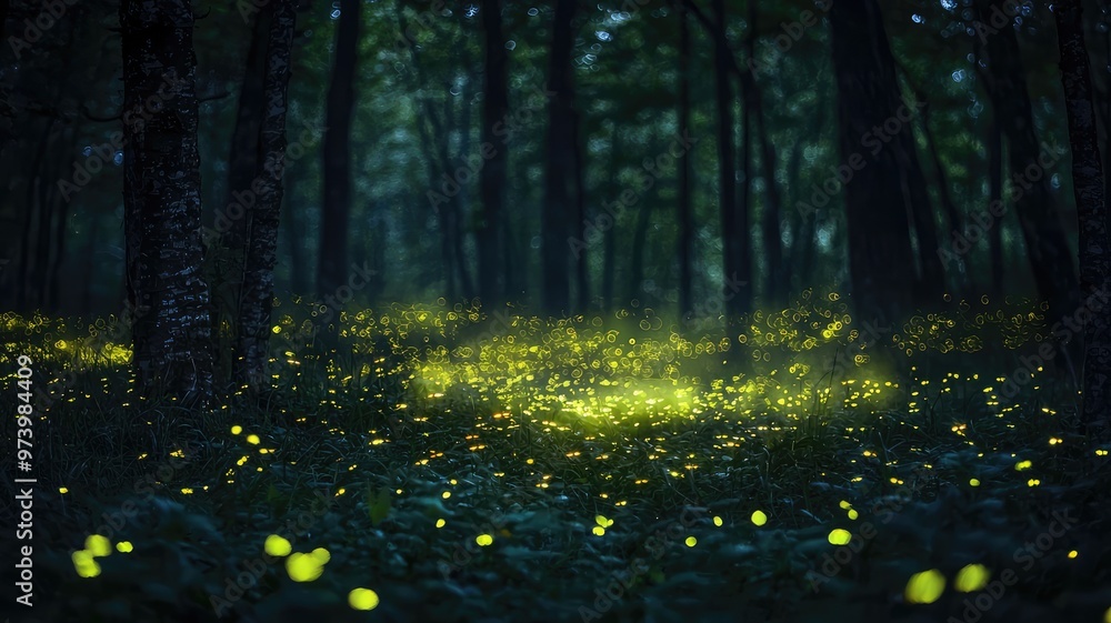Poster a serene forest illuminated by glowing fireflies, creating a magical and enchanting atmosphere at du