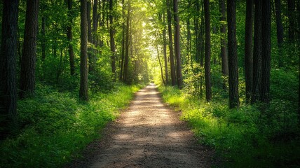 Fototapeta premium A serene forest path illuminated by sunlight, surrounded by lush greenery, perfect for nature walks and peaceful retreats.