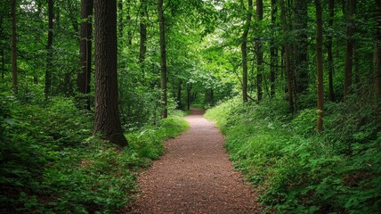 Fototapeta premium A serene forest path surrounded by lush greenery, perfect for a peaceful walk or nature retreat.
