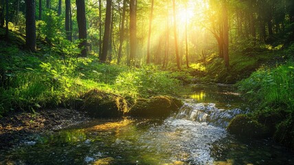 Fototapeta premium A serene forest scene with sunlight streaming through trees, illuminating a gentle stream and lush greenery, creating a tranquil atmosphere.