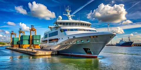 Naklejka premium A sturdy, high-performance vessel with sleek design and advanced navigation systems, docked at a bustling harbor, ready