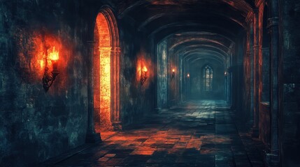 Fototapeta premium Retro Medieval Castle Hallway with Pixelated Banners and Flickering Torches in 16-Bit Style, Earthy Tones and Clean Composition