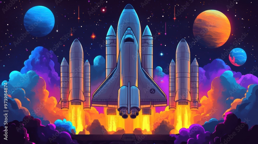 Poster retro sci-fi space shuttle in pixelated universe - 16-bit dark tones with glowing engines and distan