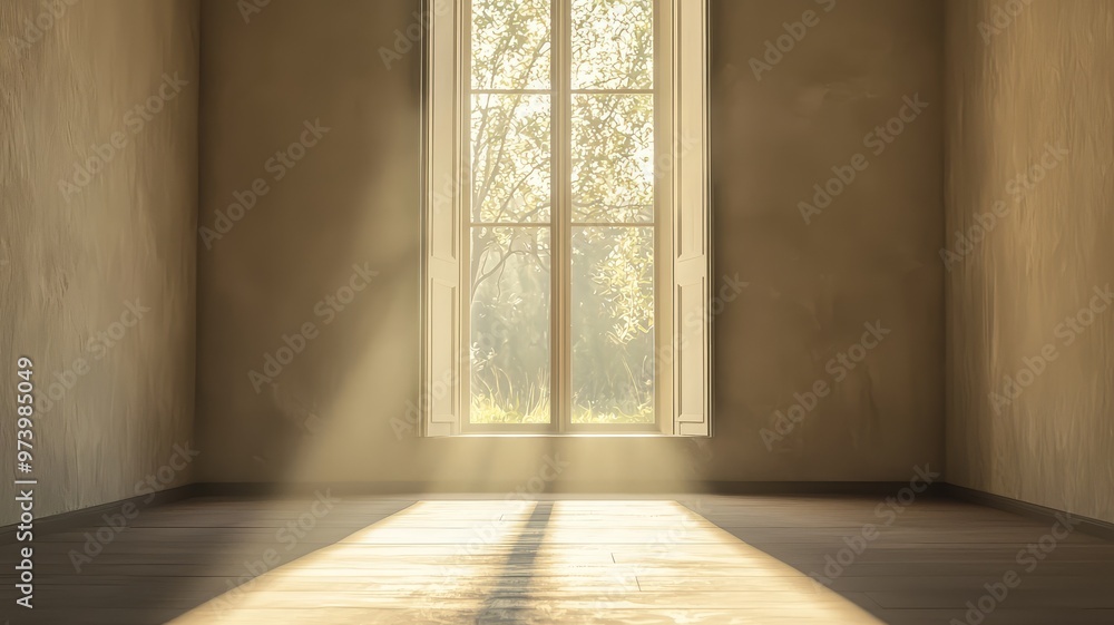 Poster a serene interior space illuminated by sunlight streaming through a large window, creating a warm an