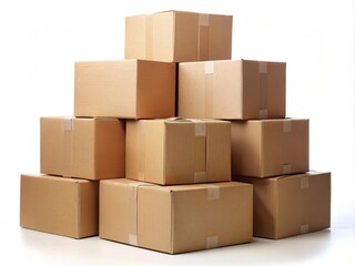 A sturdy stack of sturdy brown cardboard boxes, neatly aligned and secured with packing tape, against a clean