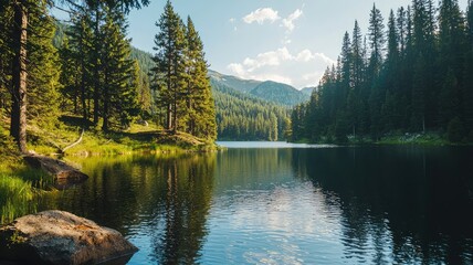 A serene lake surrounded by lush forest, reflecting the clear blue sky and mountains. Perfect for nature and travel enthusiasts.