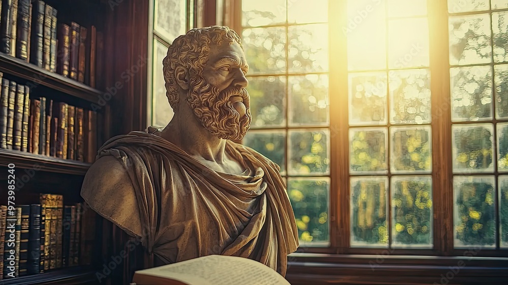 Poster a serene library scene featuring a classical bust and warm sunlight streaming through a window, crea