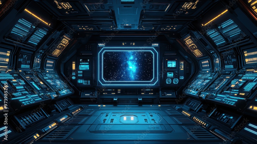 Poster retro sci-fi 16-bit alien spaceship interior with pixelated control panels and glowing buttons again