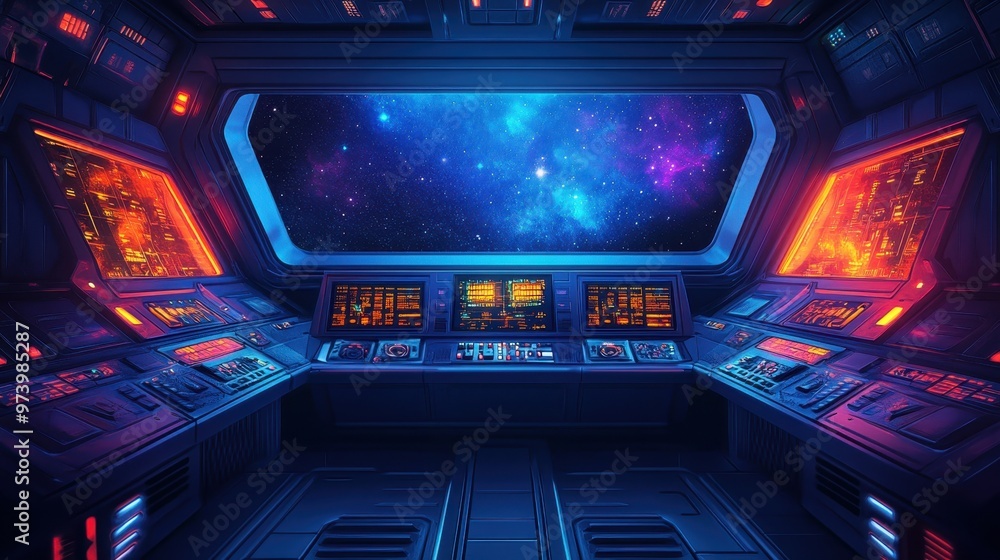 Poster futuristic 16-bit alien spaceship interior with pixelated control panels, glowing buttons, and starr