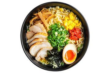 Ramen noodles with boiled eggs in black bowl isolated on transparent white background, clipping path