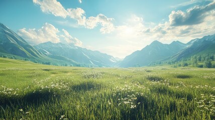 A serene landscape showcasing lush green grass and majestic mountains under a bright blue sky with fluffy clouds.
