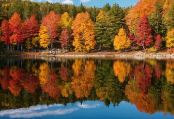 Obraz premium Autumn Trees by Crystal Lake, Mirror Image of Fall Colors in Lake, Colorful Fall Foliage Reflected in Lake, Scenic Landscape with Red Trees, Tranquil Haven, Nature's Tapestry. Ai generated image