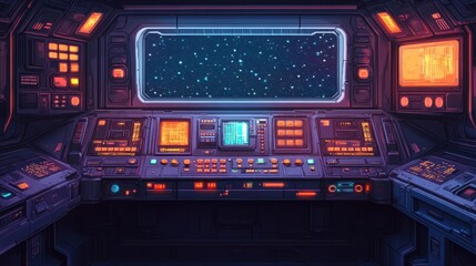 Fototapeta premium Retro Sci-Fi Alien Spaceship Interior with Pixelated Control Panels and Starry Window in Cool Tones
