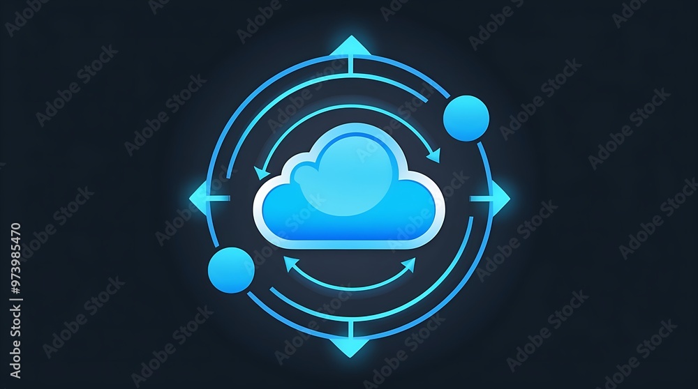 Poster digital illustration of a blue cloud icon with a white outline, symbolizing cloud computing. surroun