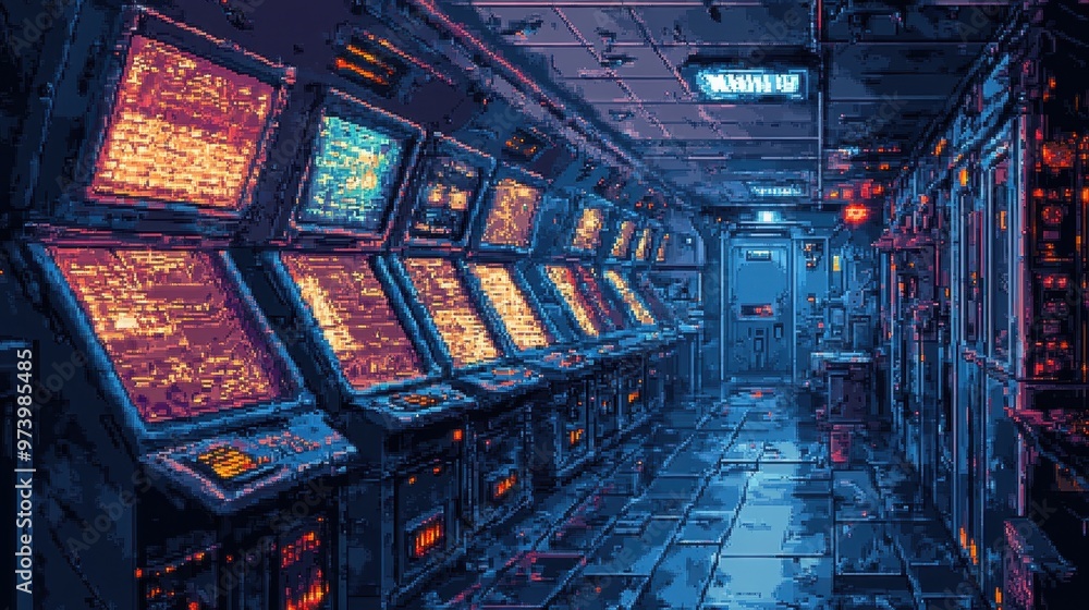 Poster digital dreams: futuristic lab hallway with robotic arms and glowing panels in retro sci-fi 16-bit a