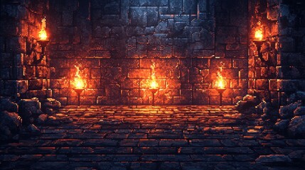 Retro Dungeon Chamber with Pixelated Stone Walls, Glowing Runes, and Flickering Torches in Dark Tones - Vintage Fantasy 8-bit Minimalist Design