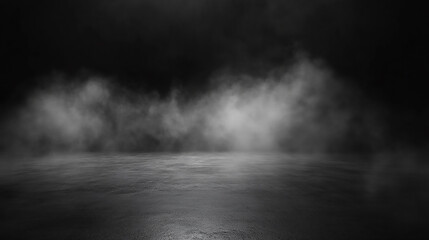 Fototapeta premium Concrete floor with smoke or fog in dark room with spotlight. Asphalt night street. Mist on black background, black and white