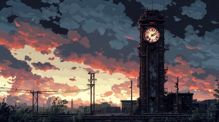 16-Bit Clock Tower: Retro Pixelated Gears and Flickering Lights in Warm-Toned Minimalist Composition