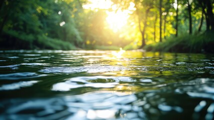 Fototapeta premium A serene river reflects the golden sunlight, surrounded by lush greenery, creating a tranquil and peaceful nature scene.