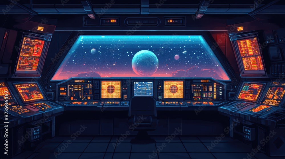 Poster retro sci-fi space station control room with pixelated screens and distant planets in 16-bit style