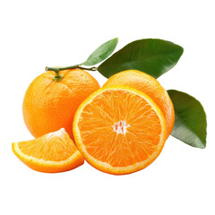 Fresh Juicy Oranges with Green Leaves Isolated on Background