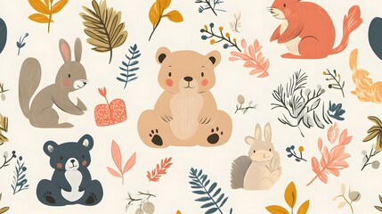 Illustrated Seamless Pattern Featuring Animals and Botanical Elements