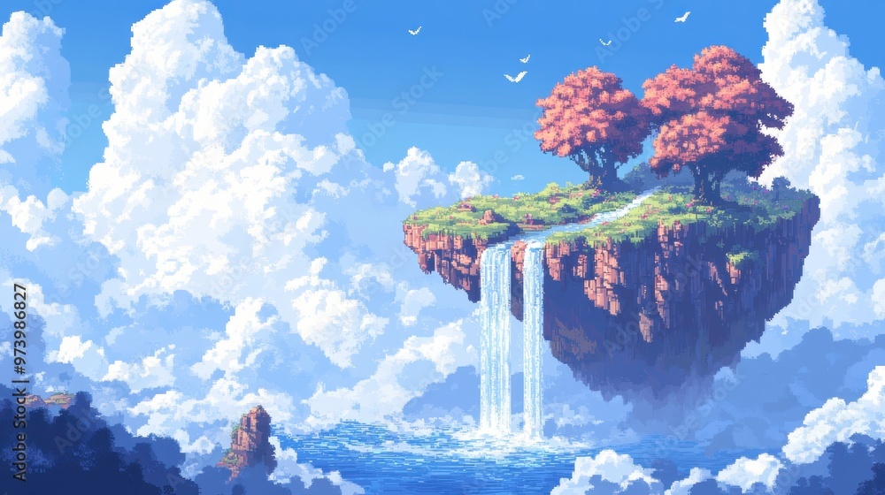 Poster pixelated fantasy: tranquil floating island in 16-bit with soft colors and retro vibe