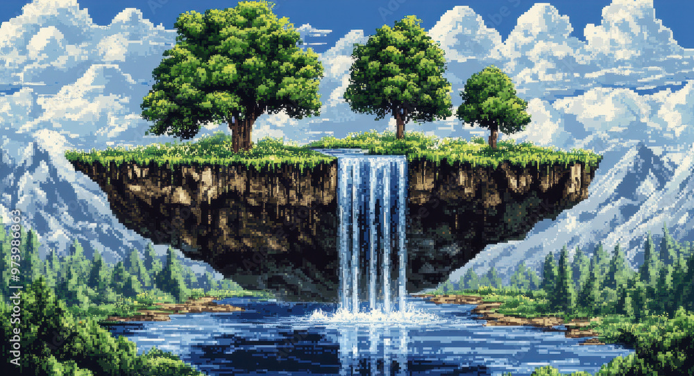 Poster pixelated fantasy: tranquil floating island with soft waterfalls and mountain backdrop in 16-bit ret