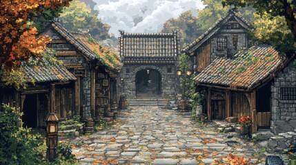 Fototapeta premium Retro Pixelated Medieval Village with Earthy Hues and Flickering Lanterns, Vintage 8-Bit Fantasy Landscape