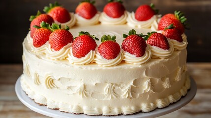 An elegant strawberry and cream cake, featuring a smooth, creamy frosting and decorated with whole strawberries arranged in a circular pattern.