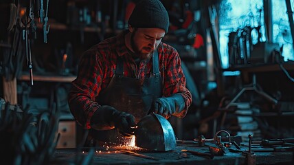 A skilled craftsman meticulously works on metal in a dimly lit workshop, sparks flying amidst a collection of tools and materials.