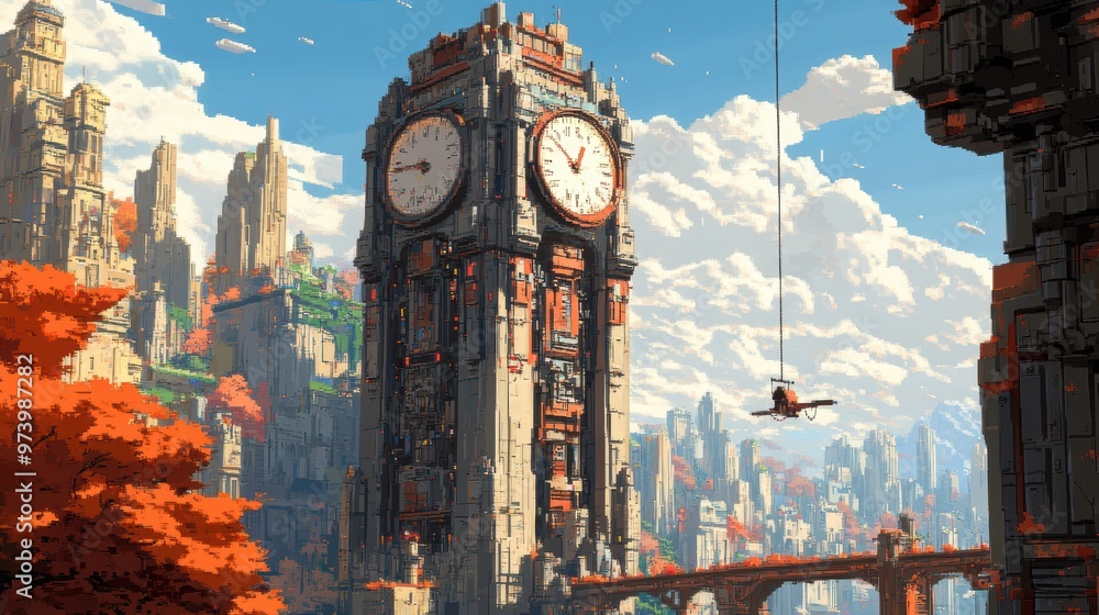 Poster retro pixelated clock tower with swinging pendulum and warm colored gears in 16-bit style