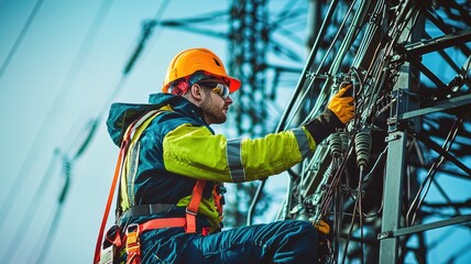 A skilled worker in safety gear performing maintenance on electrical infrastructure, ensuring reliable power supply.