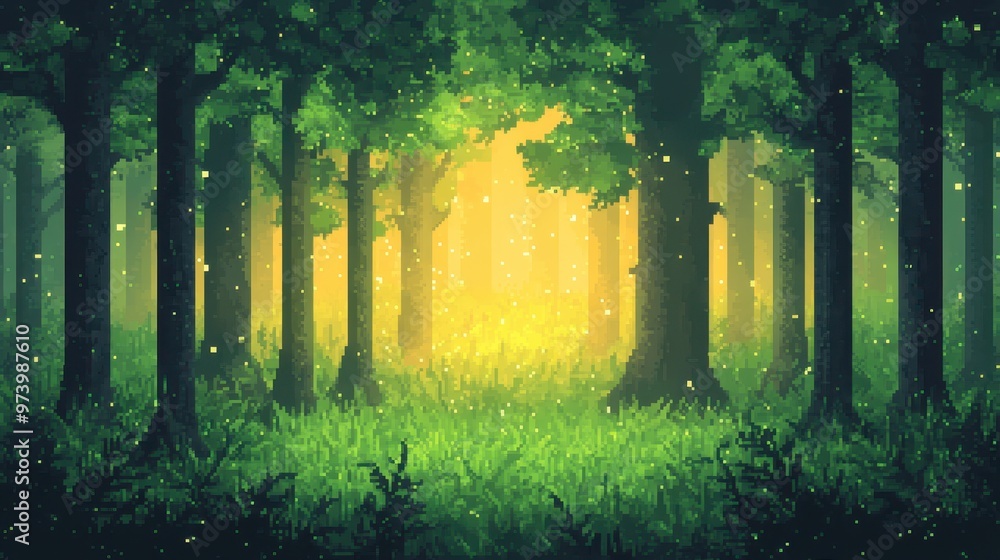 Poster pixelated retro forest scene with whimsical tree shapes and copy space