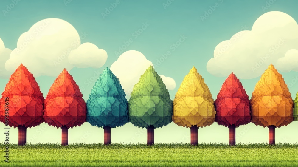 Poster whimsical pixel forest scene with retro video game vibes and copy space