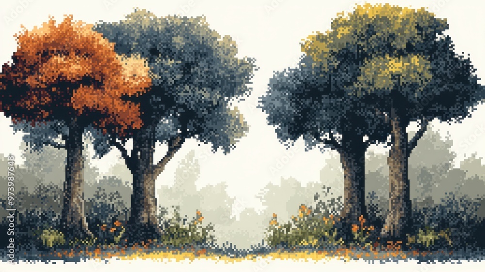Poster whimsical pixel forest: retro video game inspired pixelated trees with copy space