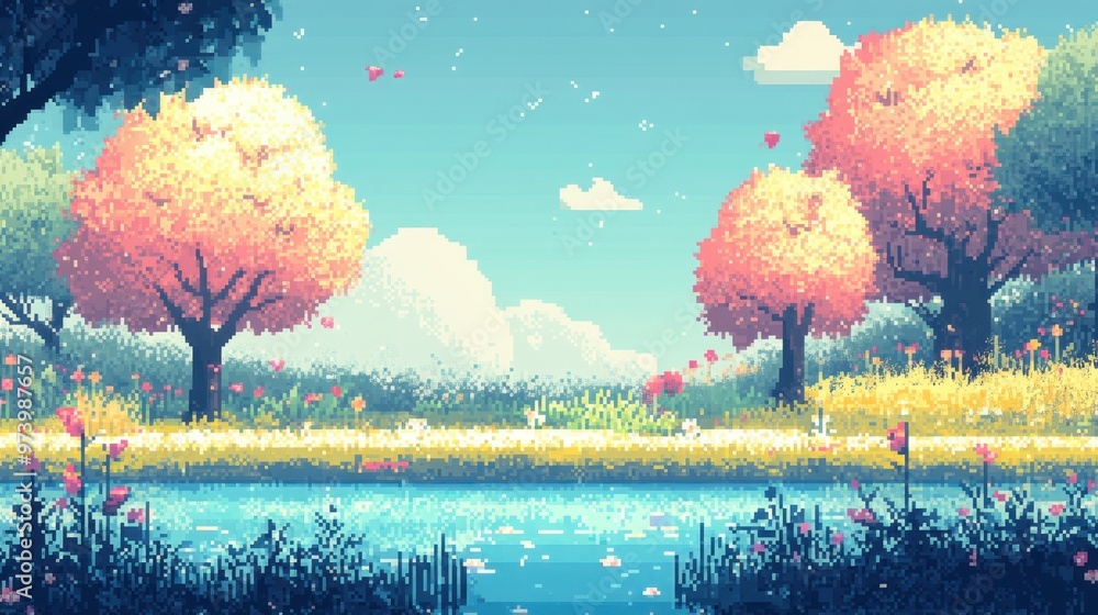 Aufkleber pixelated serenity: retro video game inspired forest scene with copy space in whimsical overlay styl