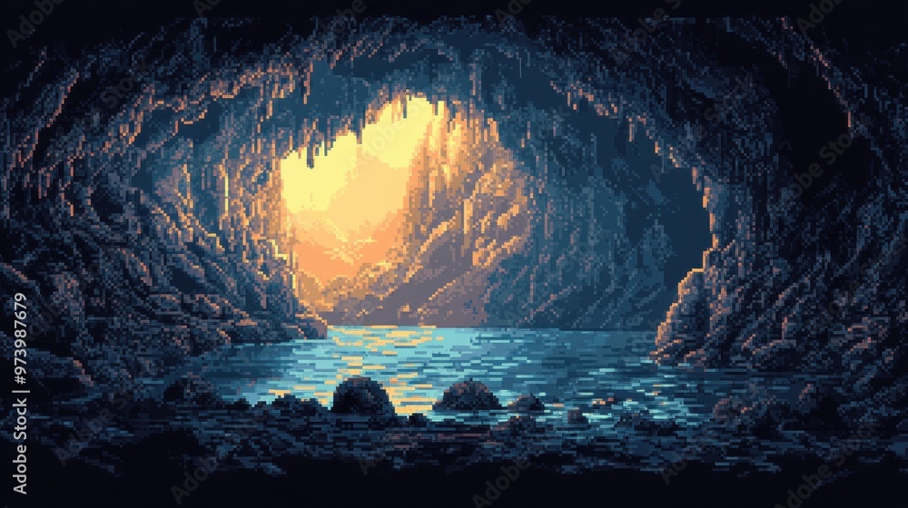 Poster pixelated subterranean serenity: minimalistic 8-bit cave with mysterious aura and copy space
