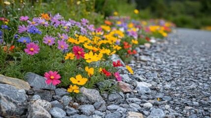 Colorful wildflowers bloom in abundance along a gravel road, their petals creating a vibrant contrast against the gray stones.