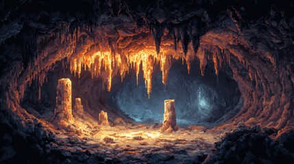 Illuminated 8-Bit Underground Cave with Minimalistic Rock Formations and Ample Copy Space