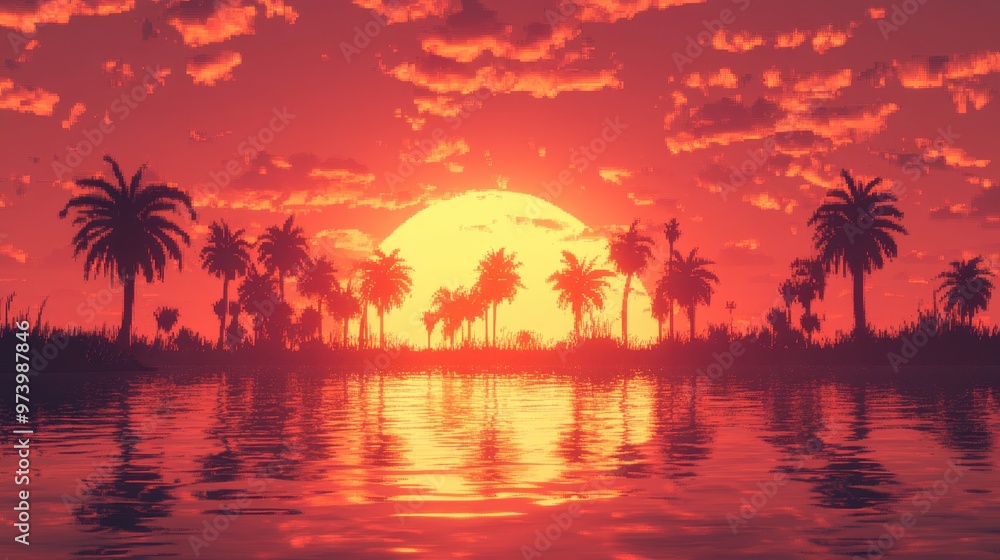 Aufkleber serene desert oasis in 16-bit graphics with silhouette style palms and copy space