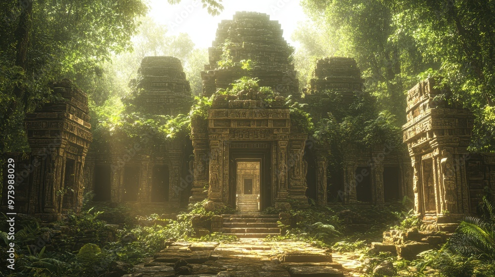 Poster enchanting pixelated jungle temple in whimsical fusion environment with copy space for text