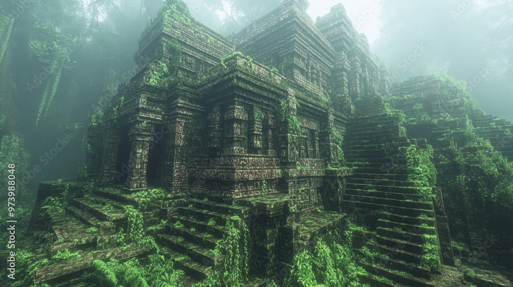 Poster enigmatic pixelated temple amidst minimalist trees in whimsical jungle setting with copy space for t