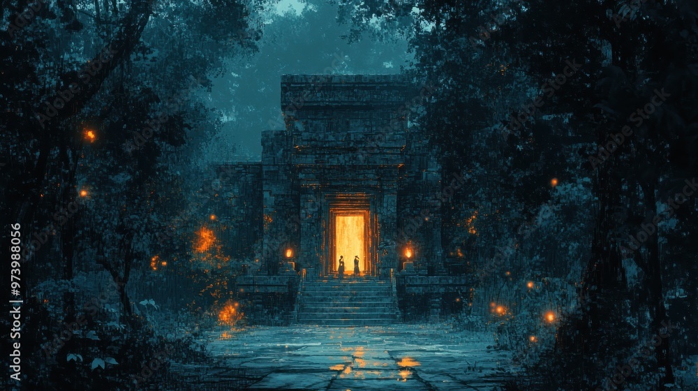 Poster enigmatic pixelated jungle temple among minimalist trees in whimsical fusion - mysterious temple env