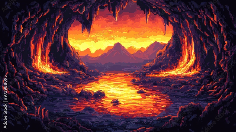 Poster retro pixel art volcanic lair scene with lava flows and copy space in surreal overlay technique