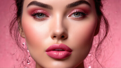 Fototapeta premium Plump lipped woman with voluminous lip serum hydrating droplets juicy tint blurred rose background