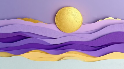 Paper cut style sunset at the beach with ocean waves.