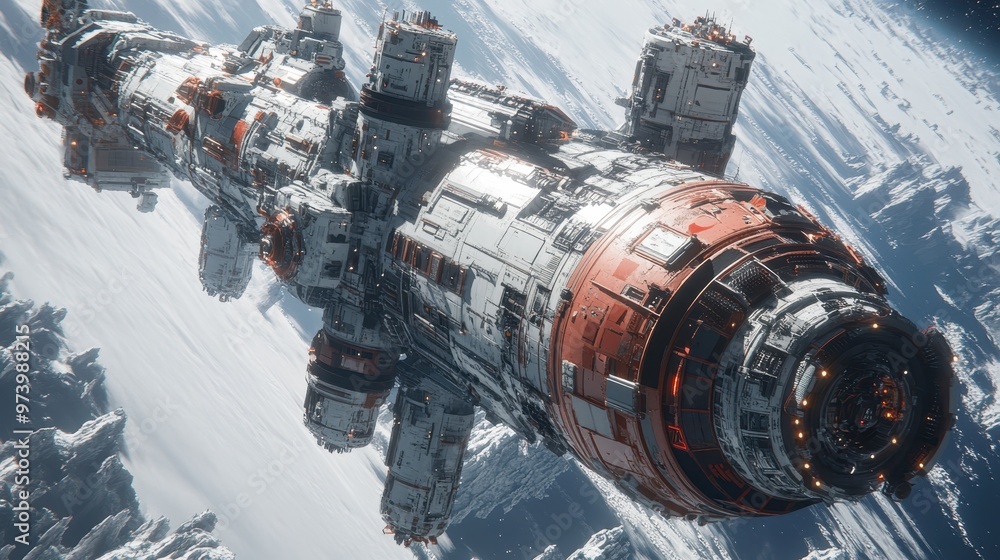 Poster retro-futuristic space station design in 16-bit style with ample copy space