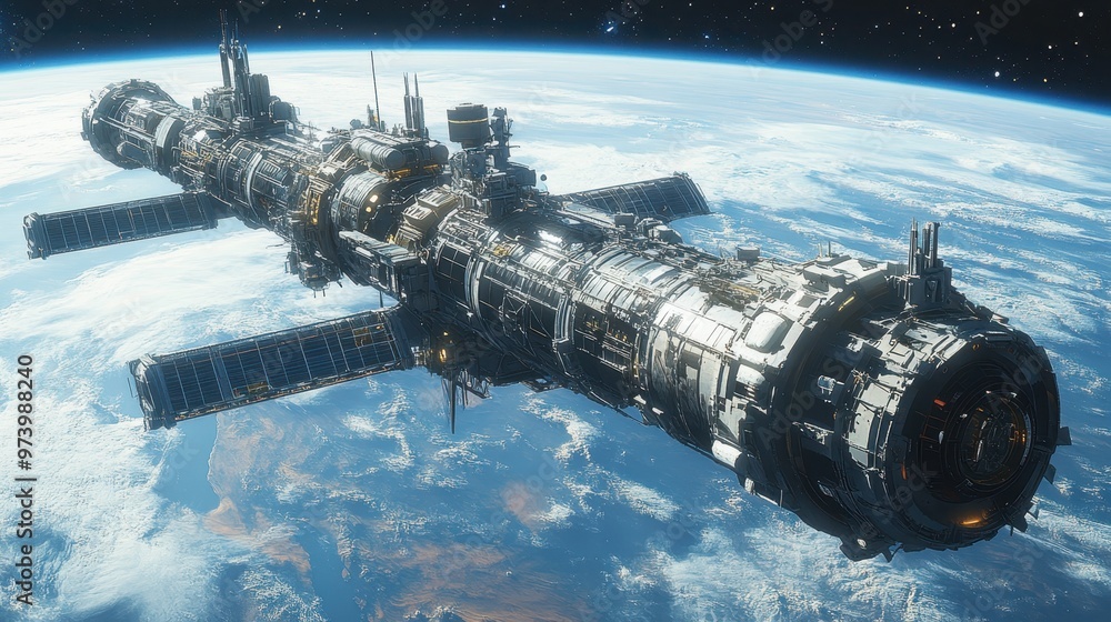 Poster retro futuristic 16-bit space station with copy space in composite style