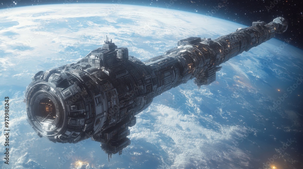 Poster retro futuristic space station with copy space in 16-bit style